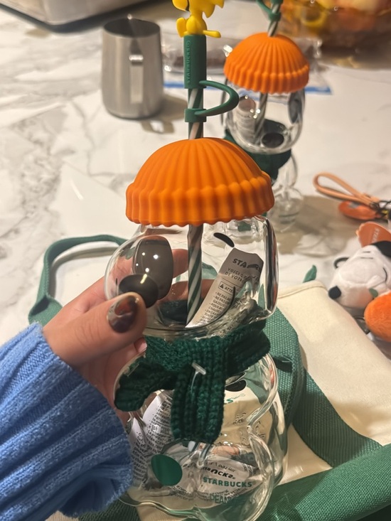 Starbucks Other - Starbucks/Peanuts Orange-Top Glass Bottle with Green Knit Sleeve and Straw